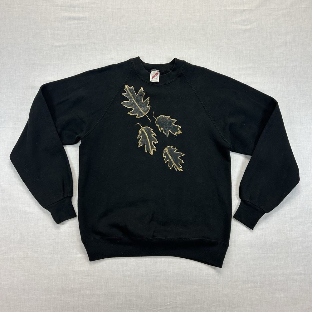 Vintage Jerzees Fall Autumn Sweatshirt Womens Large Black Embroidered Leaf USA